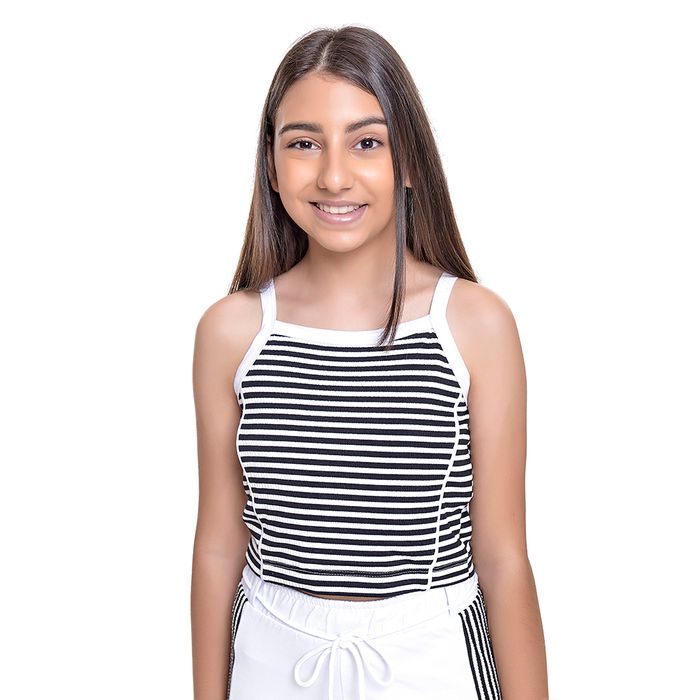 Regata Kids Amofany Em Malha Listrada Com Vivo Branco Regata Kids Amofany Em Malha Listrada Com Vivo Branco