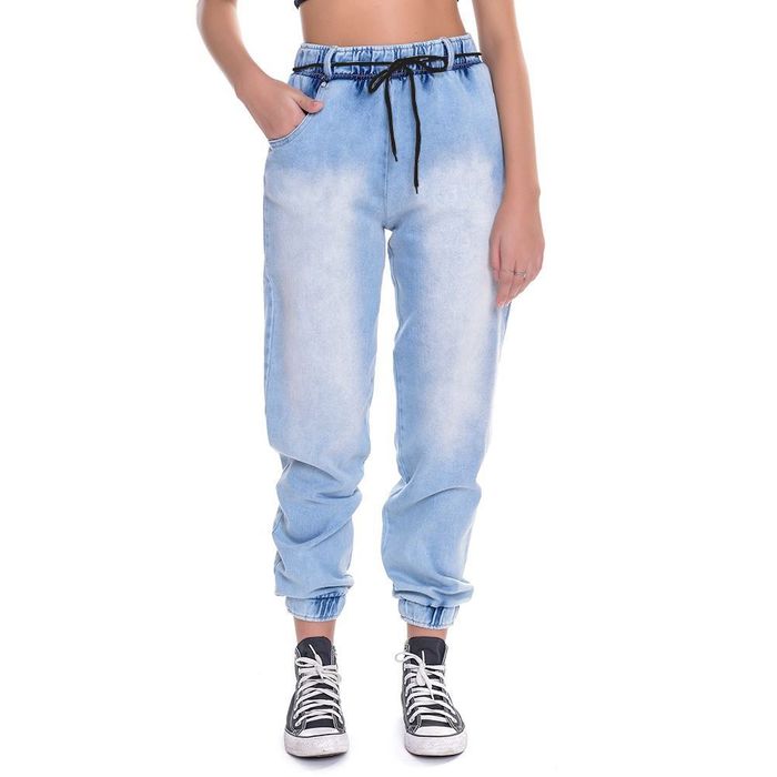 Calça Jogger Teen Amofany Em Moletom Jeans Com Cadarço Calça Jogger Teen Amofany Em Moletom Jeans Com Cadarço