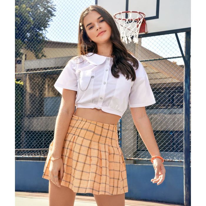 Camisa Colegial Juvenil Feminino Amofany Com Corrente Em Tricoline Camisa Colegial Juvenil Feminino Amofany Com Corrente Em Tricoline
