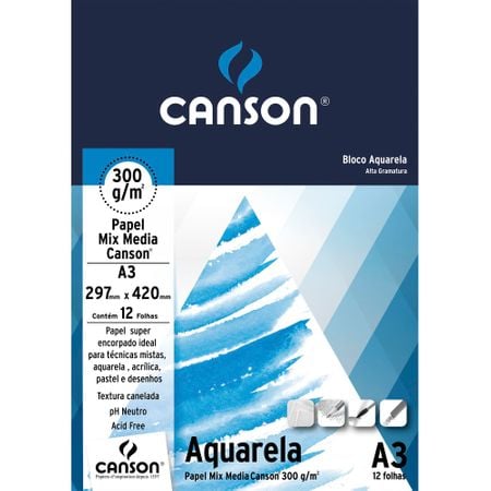 Papel Canson Aquarela A3 300g/m² 12 Folhas