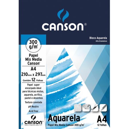Papel Canson Aquarela A4 300g/m² 12 Folhas