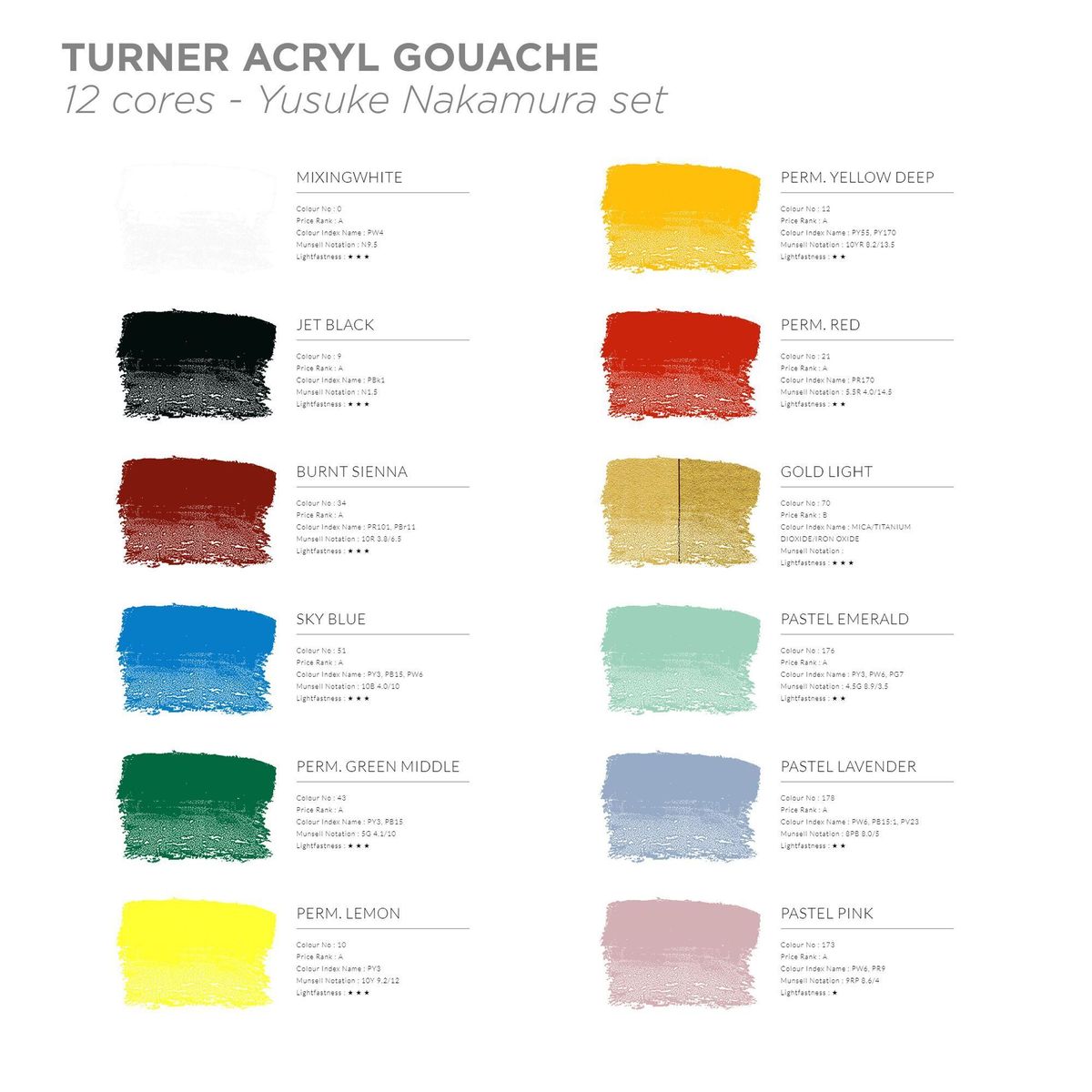 Kit de Tinta Guache Acrílica Turner Colour Works Yusuke Nakamura c