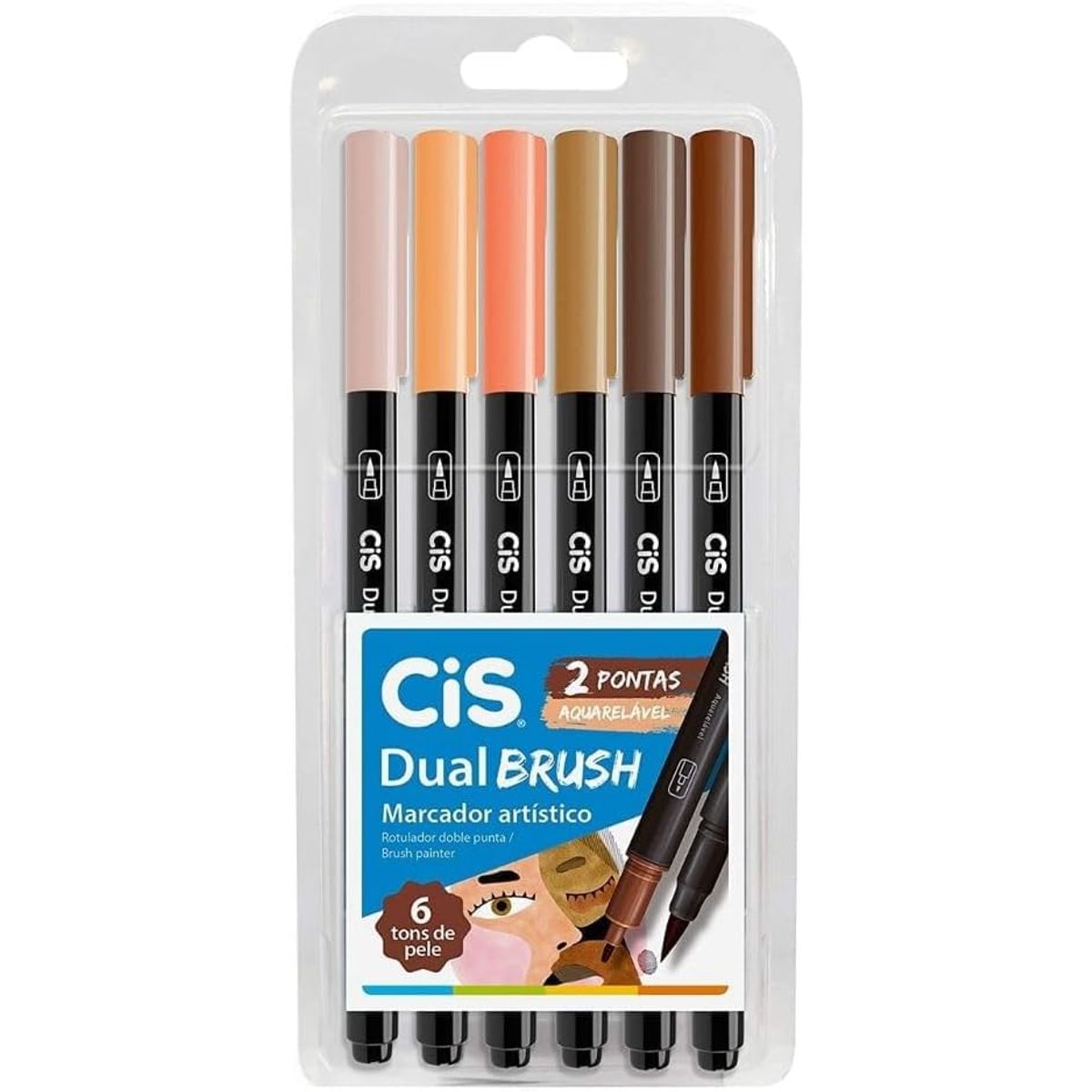 Kit Marcador Cis Dual Brush 6 Cores - Tons de Pele