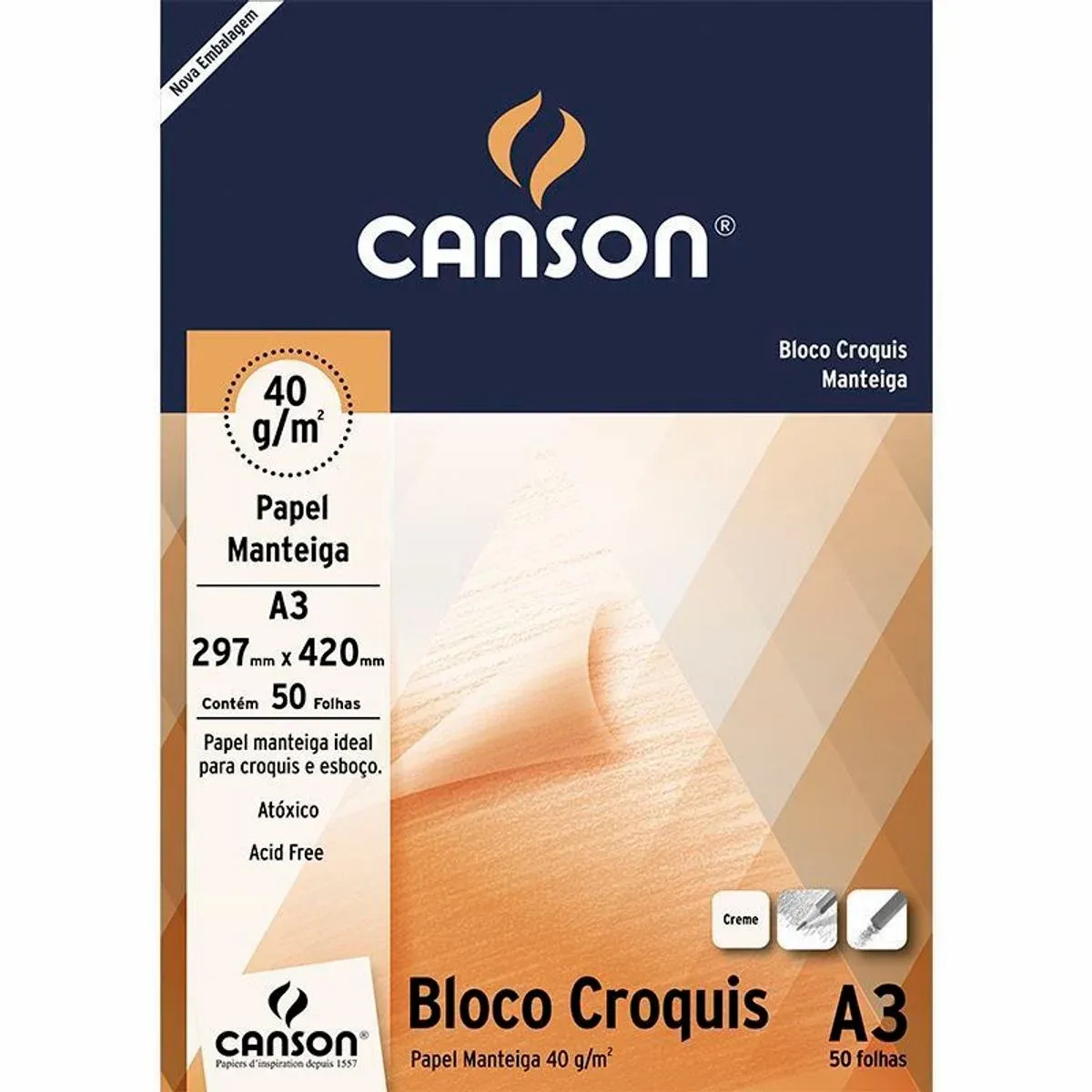 Bloco Desenho Canson Croquis Manteiga 40g/m² A3