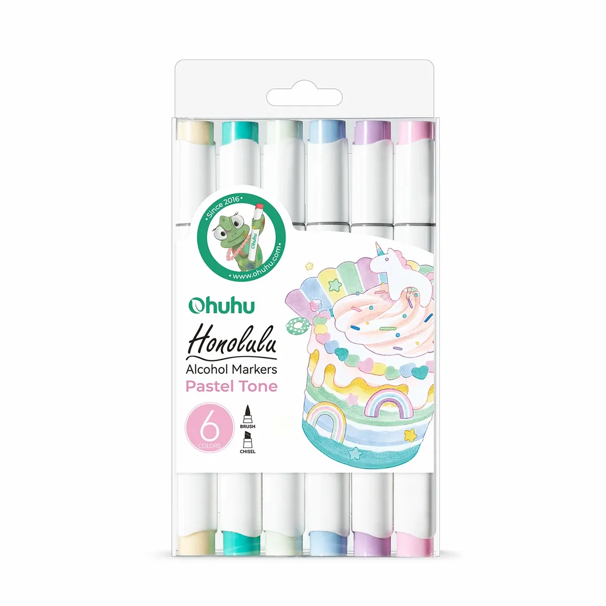Kit de Marcadores Ohuhu Honolulu 6 Cores Tons Pastéis Ponta Dupla (Pincel e Chanfrada)