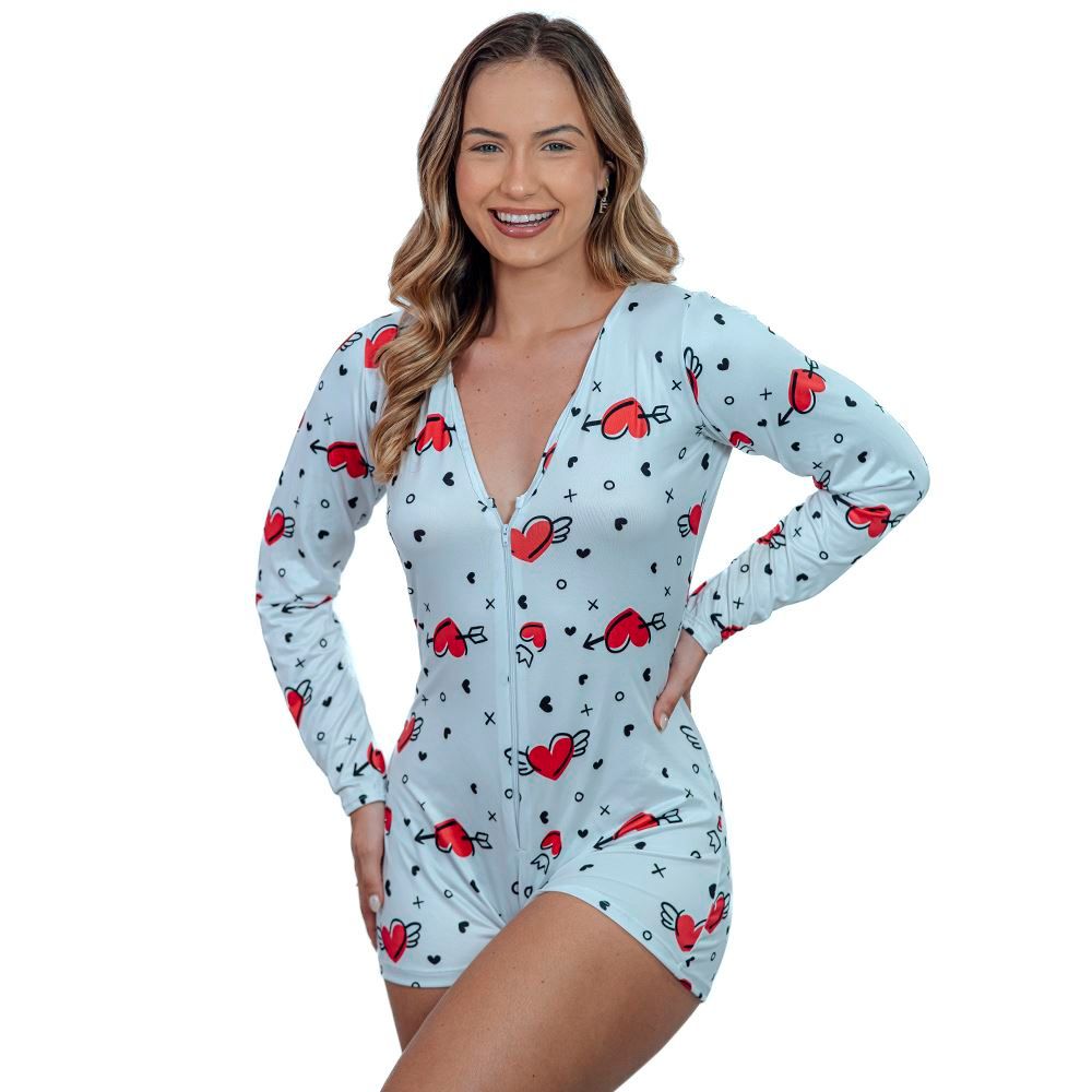 Pijama Macaquinho Coração Manga Longa Linha Bloguerinha Gota De Sonho