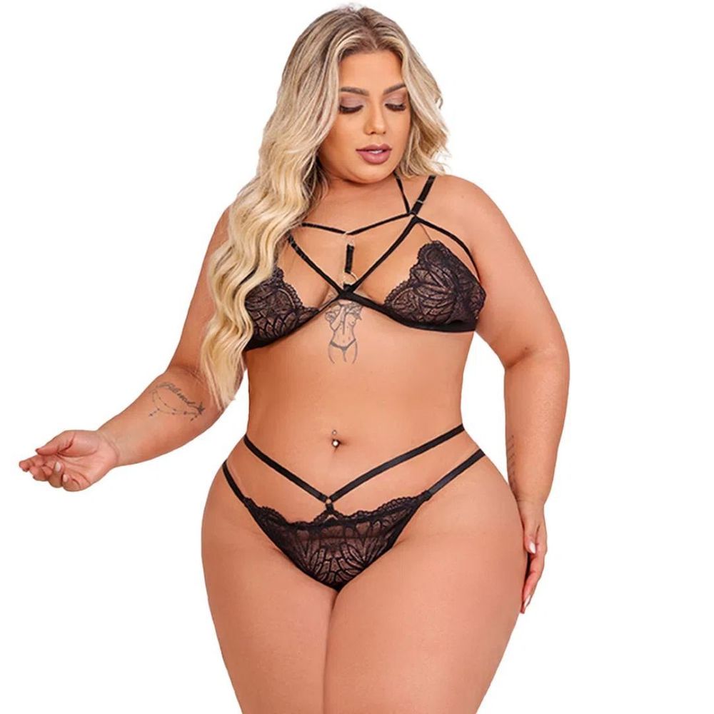 Conjunto Plus Size Amor Real Com Strapy Linha Valentines Day - Pink Lingerie