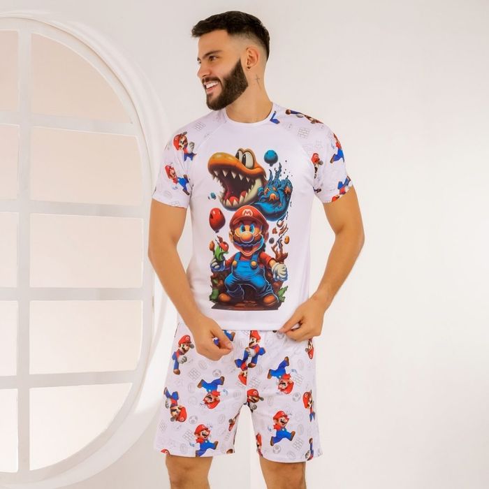 Pijama Masculino Estampado Mario Yoshi Amável Moda Intima