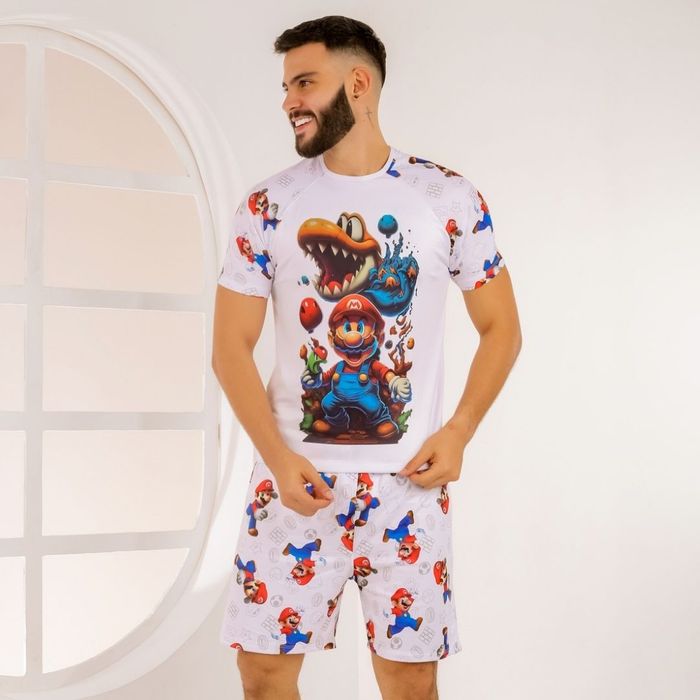 Pijama Masculino Personagem Mario E Yoshi Amável Moda íntima