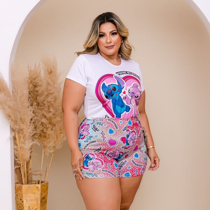 Short Doll Plus Size Personagem Stitch E Angel Amável Moda íntima