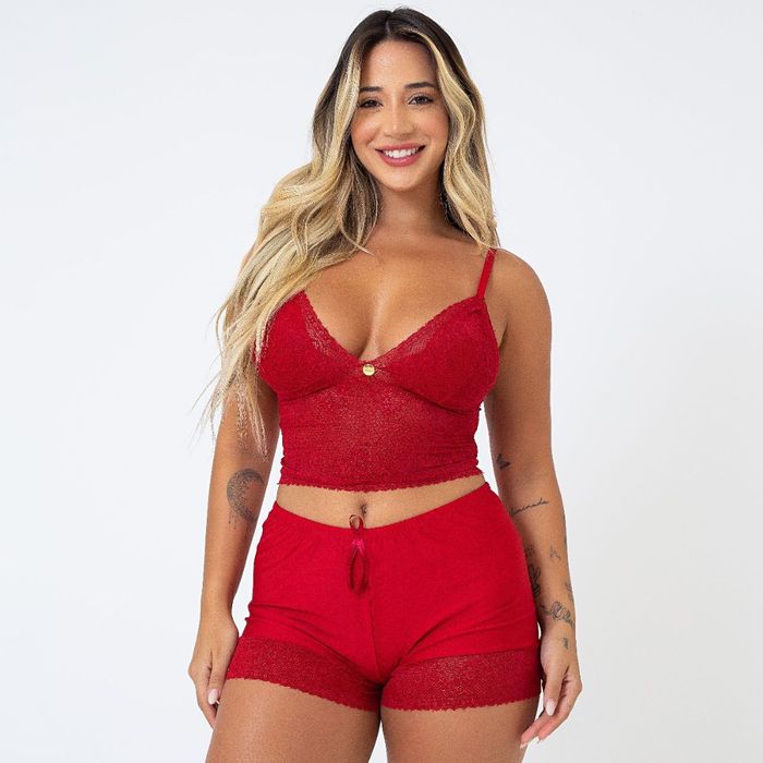 Pijama Feminino Pâmela Com Detalhes Em Renda Patitex