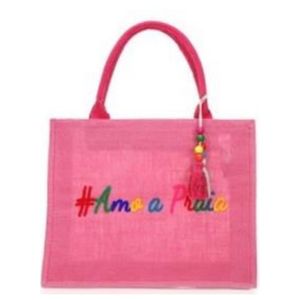 Bolsa De Praia De Jutá Pink Com Pingente Tassel Frase Amo A Praia