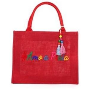 Bolsa De Praia De Jutá Red Com Pingente Tassel Frase Amo A Praia