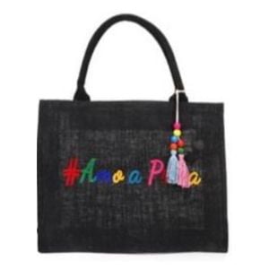 Bolsa De Praia De Jutá Black Com Pingente Tassel Frase Amo A Praia