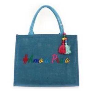 Bolsa De Praia De Jutá Blue Com Frase Amo A Praia