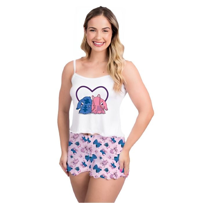 Pijama Curto Vivi Stitch E Angel 2 Gota De Sonho