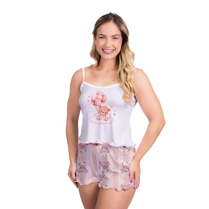 Pijama Curto Vivi Ursinho Bege Gota De Sonho