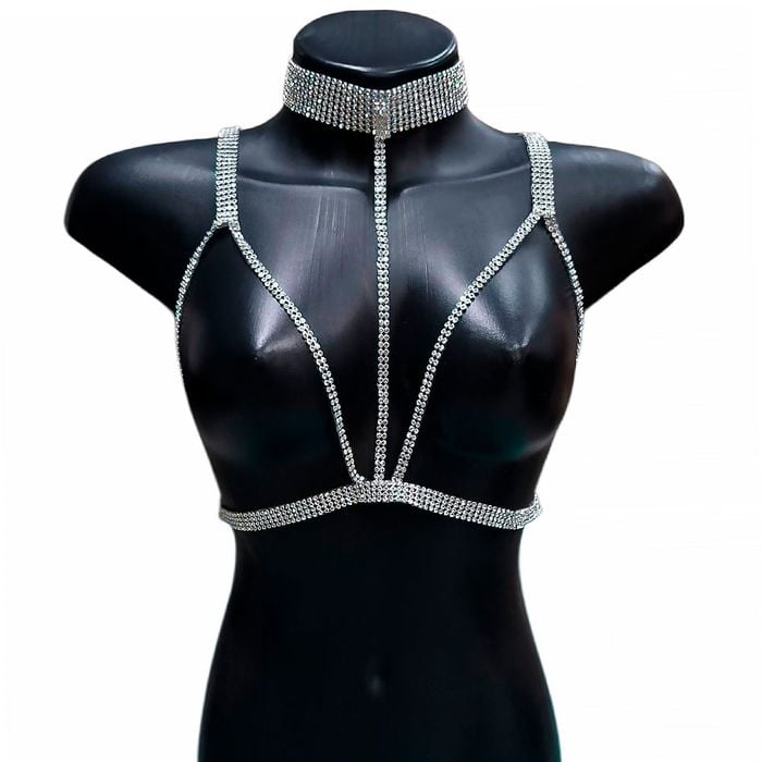 Bodychain Top Sutiã Manta Strass Com Tiras Yaffa