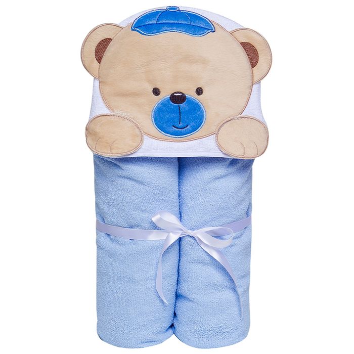 Toalha De Banho Para Bebê 90x70 Felpuda Com Capuz Forrada Urso Azul - Papi