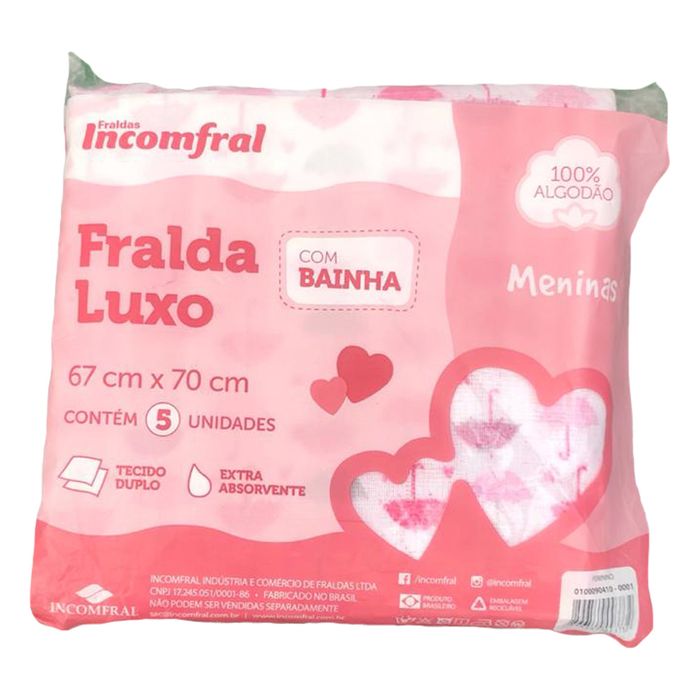 Fralda De Pano Para Bebê Com Bainha Caixa 5 Unidades 67x70 Cm Luxo Estampada Rosa - Incomfral 