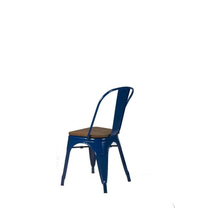 Cadeira Tolix Azul Com Assento Em Madeira Escura