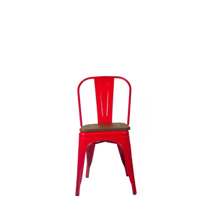 Cadeira Tolix Vermelho Com Assento Em Madeira Escura