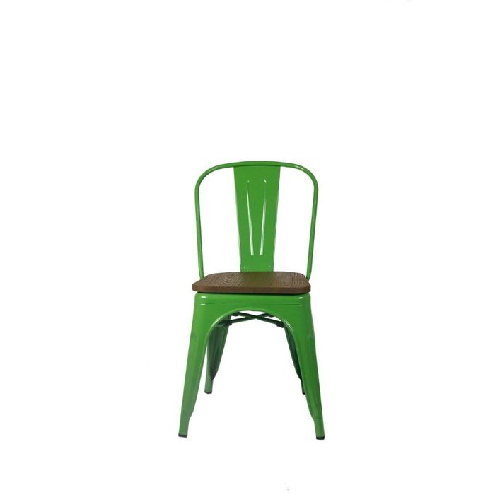 Cadeira Tolix Verde Com Assento Em Madeira Escura