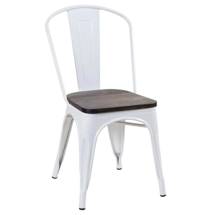 Cadeira Tolix Branco Com Assento Em Madeira Escura