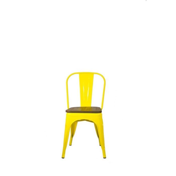 Cadeira Tolix Amarelo Com Assento Em Madeira Escura