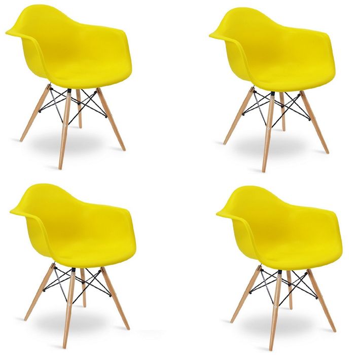 Kit 4 Cadeiras Eames Base Madeira Com Braço Amarelo