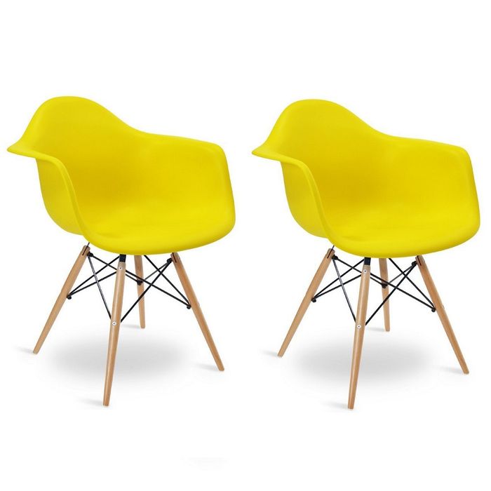 Kit 2 Cadeiras Eames Base Madeira Com Braço Amarelo
