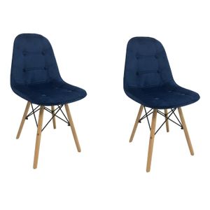 Kit 2 Cadeiras Eames Botone Em Veludo Base Madeira Sem Braço Azul