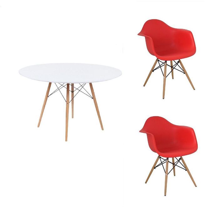 Kit Mesa Eames Adulto 100cm Branco 2 Cadeiras Eames Com Braço Vermelho