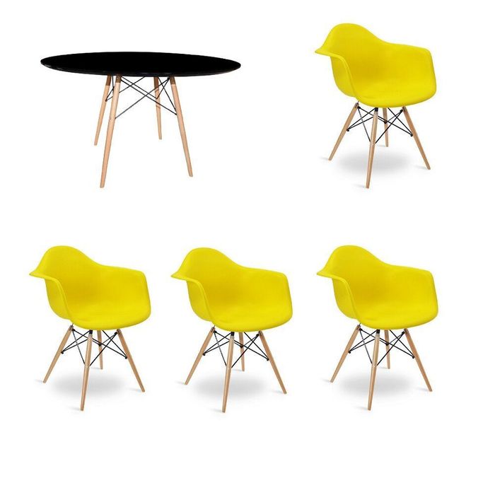 Kit Mesa Eames Adulto 100cm Preto 4 Cadeiras Eames Com Braço Amarelo
