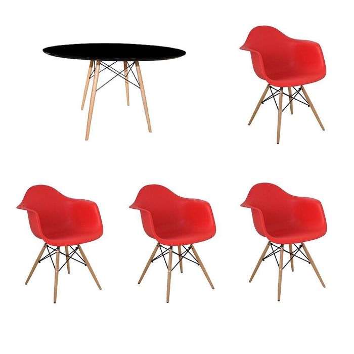 Kit Mesa Eames Adulto 100cm Preto 4 Cadeiras Eames Com Braço Vermelho