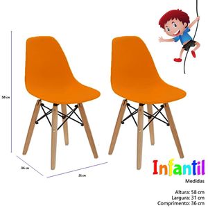 Kit 2 Cadeiras Eames Infantil Base Madeira Sem Braço Laranja
