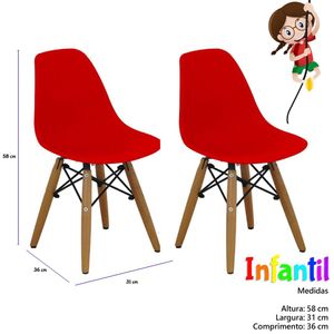 Kit 2 Cadeiras Eames Infantil Base Madeira Sem Braço Vermelho