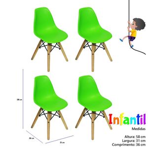 Kit 4 Cadeiras Eames Infantil Base Madeira Sem Braço Verde