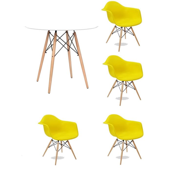 Kit Mesa Eames Adulto 90cm Branco 4 Cadeiras Eames Com Braço Amarelo