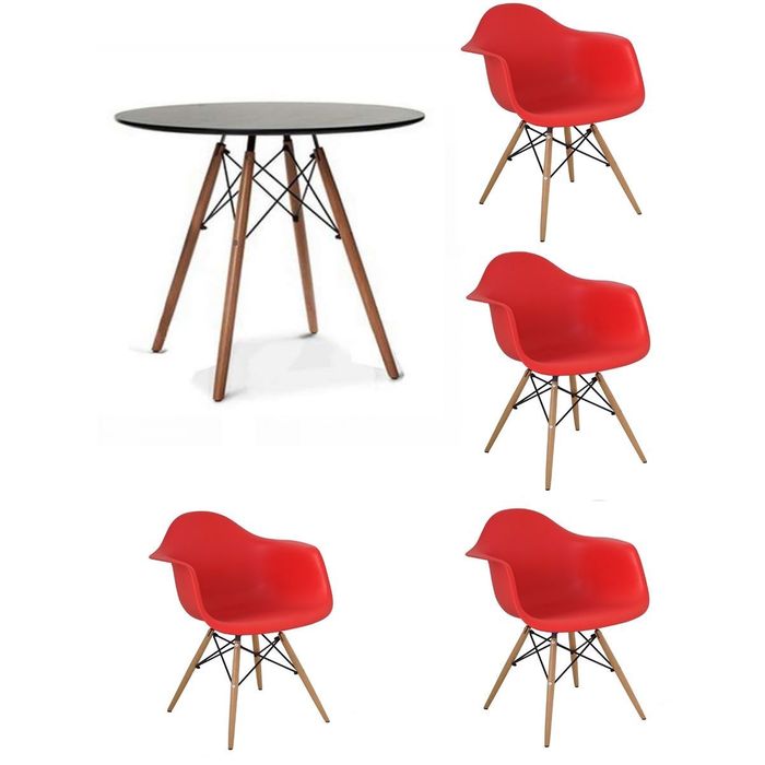 Kit Mesa Eames Adulto 90cm Preto 4 Cadeiras Eames Com Braço Vermelho