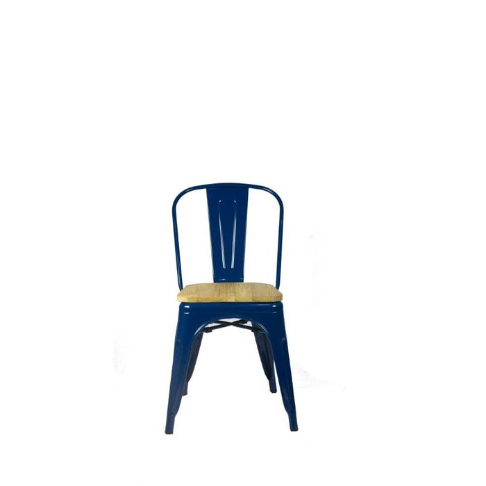 Cadeira Tolix Azul Com Assento Em Madeira Natural