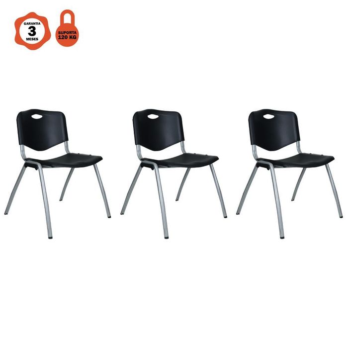 Kit 3 Cadeiras Universitária Unim Preto Empilhavel Escola