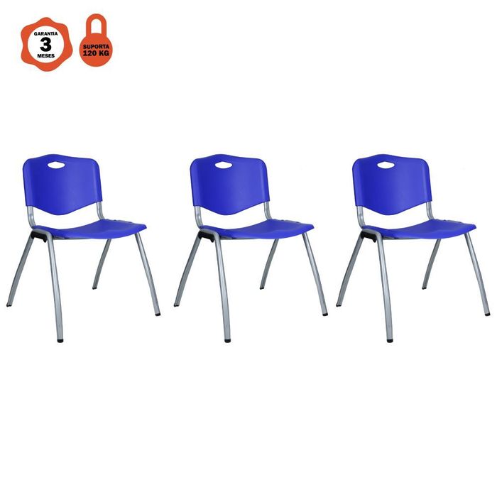 Kit 3 Cadeiras Universitária Unim Azul Empilhavel Escola