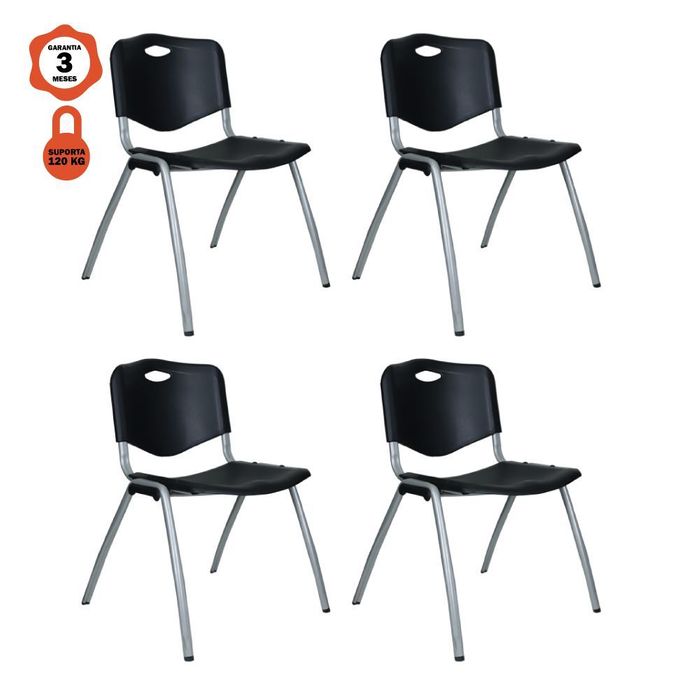 Kit 4 Cadeiras Universitária Unim Preto Empilhavel Escola