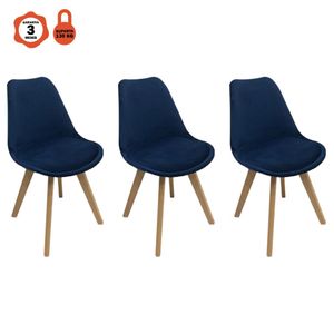 Kit 3 Cadeiras Eames Leda Em Veludo Base Madeira Sem Braço Azul