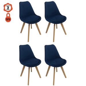 Kit 4 Cadeiras Eames Leda Em Veludo Base Madeira Sem Braço Azul