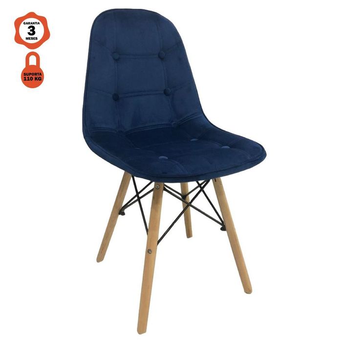 Cadeira Eames Botone Em Veludo Base Madeira Sem Braço Azul
