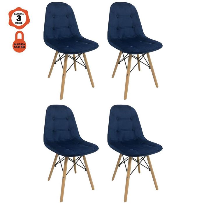 Kit 4 Cadeiras Eames Botone Em Veludo Base Madeira Sem Braço Azul 
