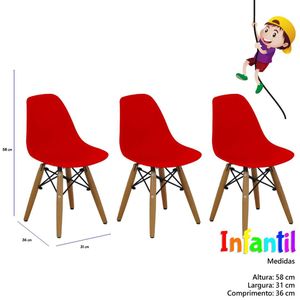 Kit 3 Cadeiras Eames Infantil Base Madeira Sem Braço Vermelho