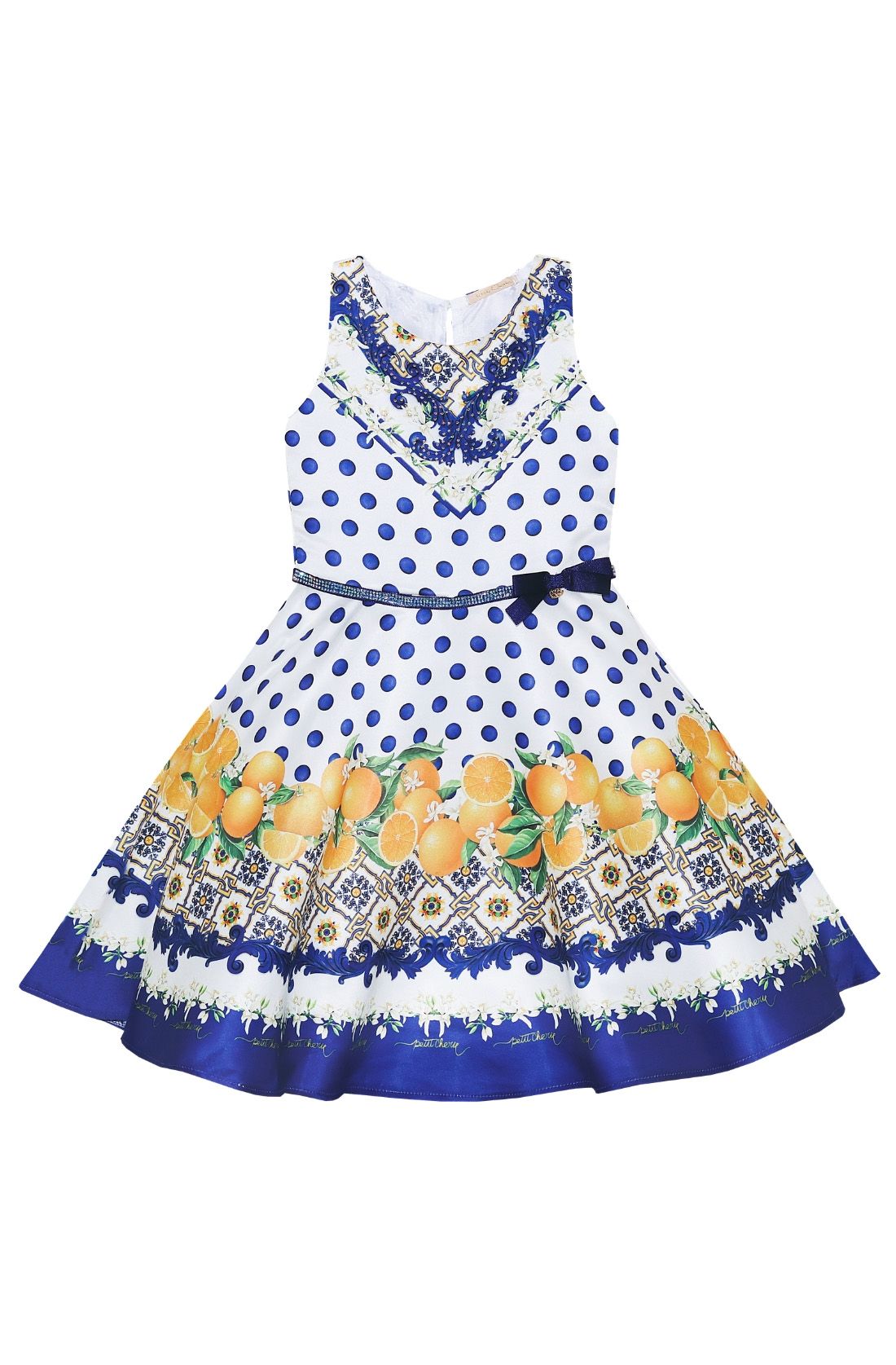 vestido infantil poa azul e branco